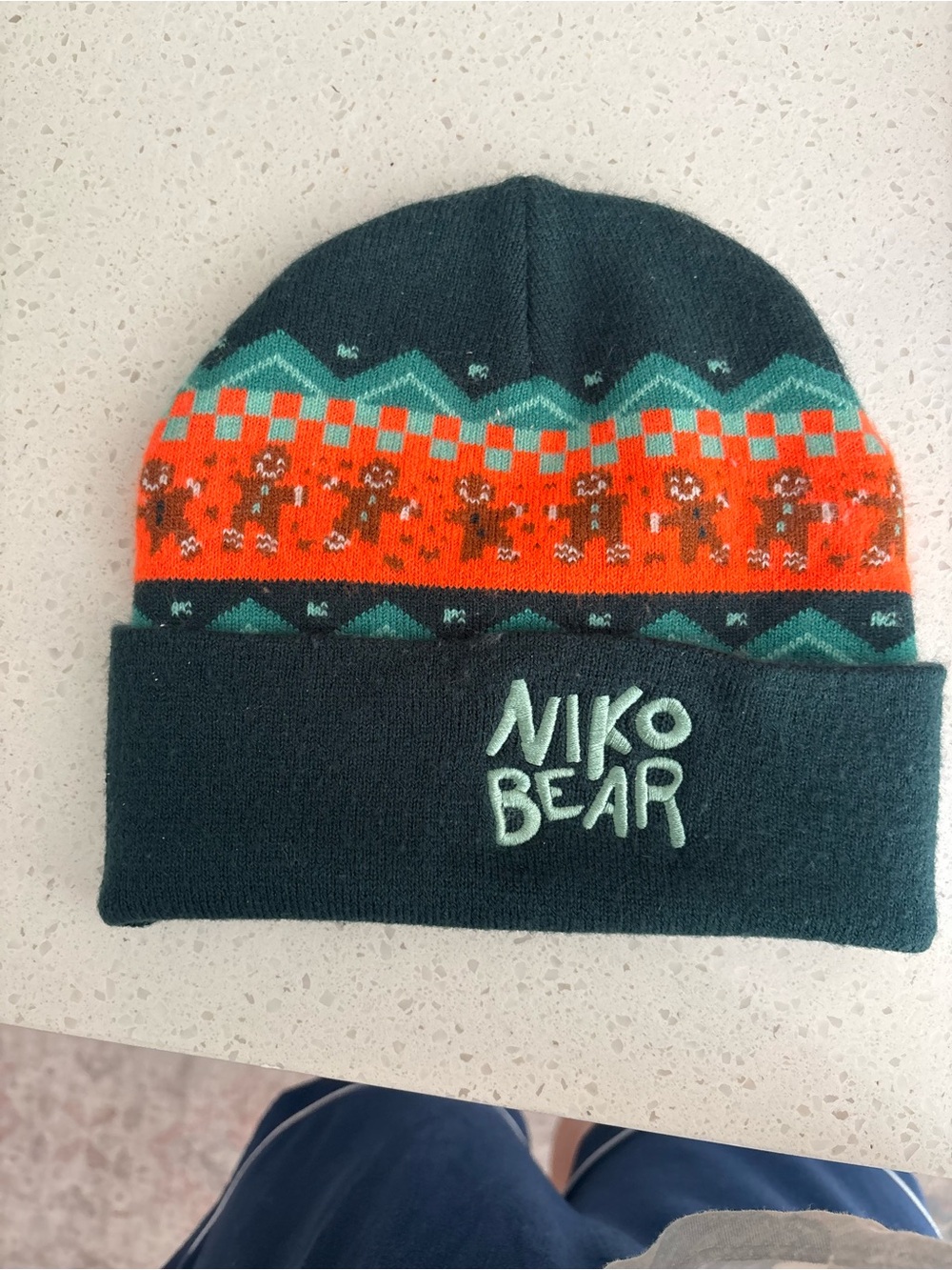 Kids Knit Beanie Hat - Teal with Orange Pattern